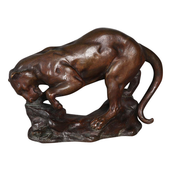 Bronze vers 1900, Georges GARDET 1863/1939, Lionne chassant un Lézard