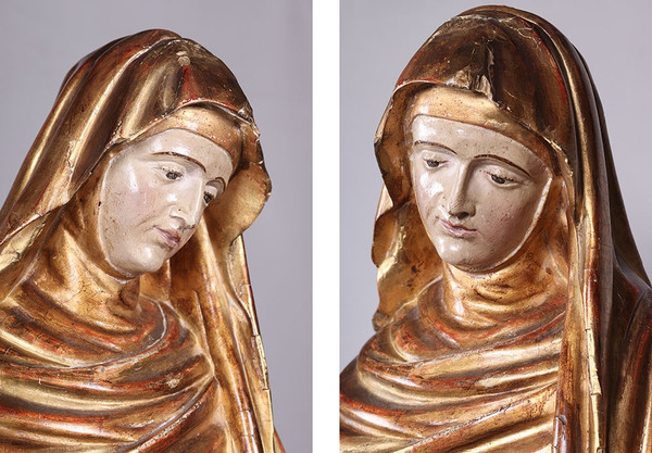 Grande Madonna del XVIII secolo cm 90 scultura in legno dorato con foglie d'oro