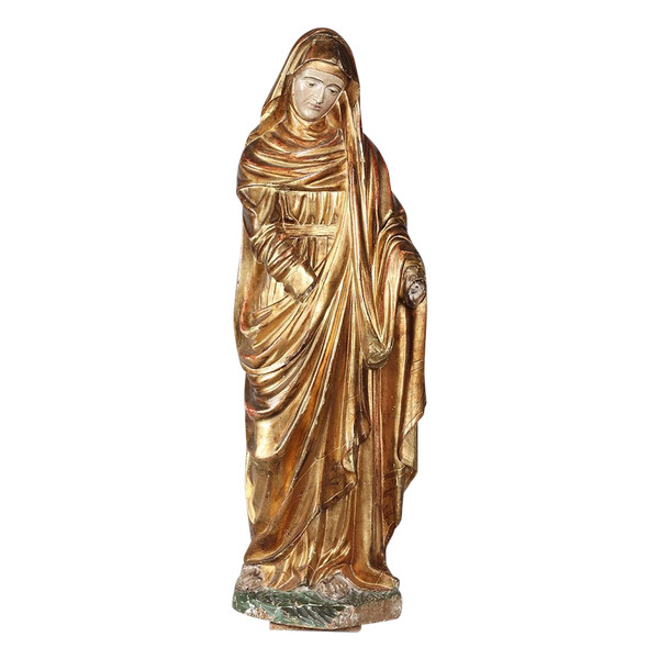 Grande Madonna del XVIII secolo cm 90 scultura in legno dorato con foglie d'oro