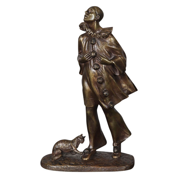 Bronze, early 20th century, 30 cm, signed: Robert BOUSQUET 1894/1917, Pierrot and his cat