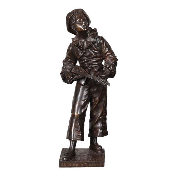 Bronze XIX°, 22 cm, signé : Eutrope BOURET 1883/1906, Pierrot