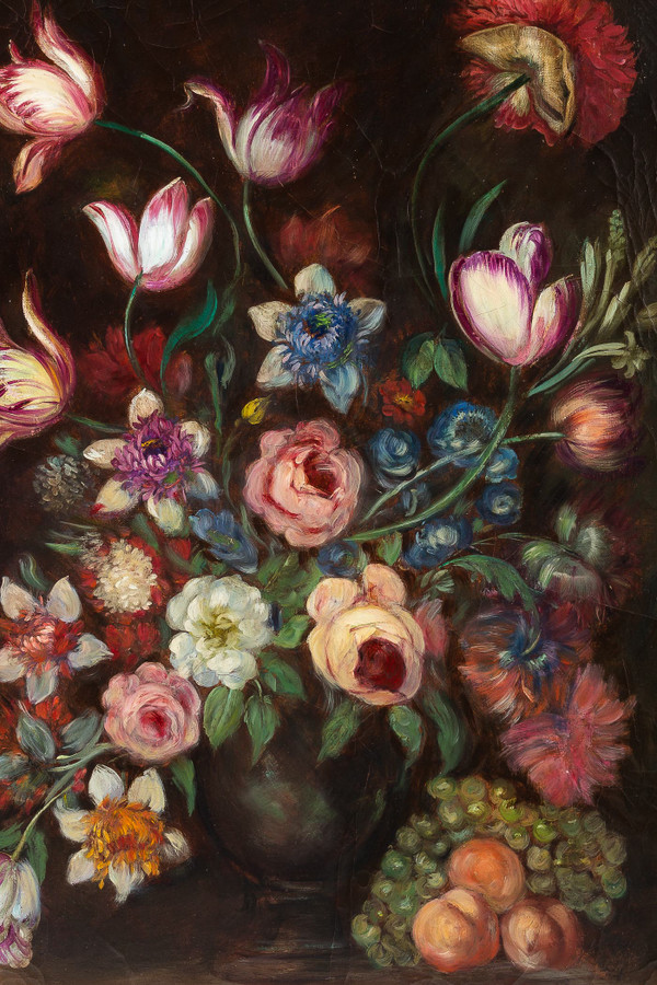 École française, Bouquet de tulipes, roses et fruits sur un entablement huile sur toile d'époque Nap