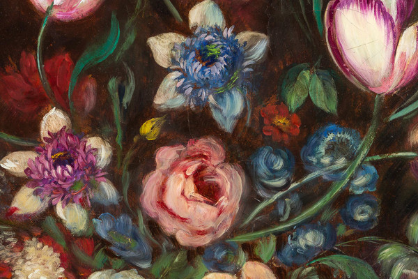 École française, Bouquet de tulipes, roses et fruits sur un entablement huile sur toile d'époque Nap