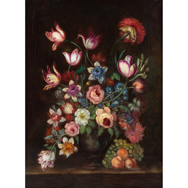 École française, Bouquet de tulipes, roses et fruits sur un entablement huile sur toile d'époque Nap