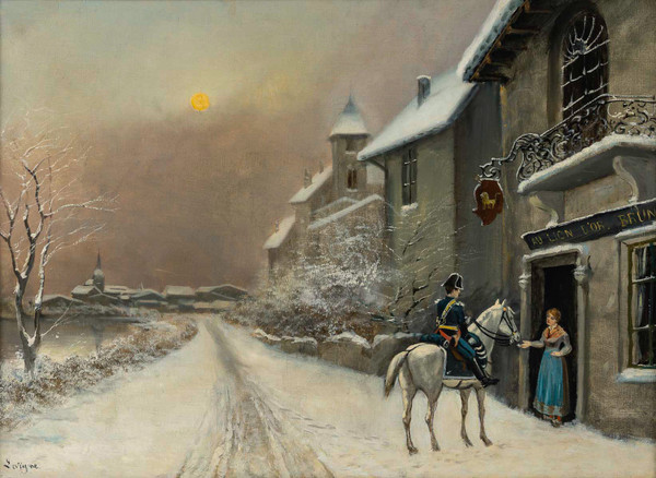 Theodore Levigne (1848-1912) visit of the policeman to the Lion d'Or in the snow oil on canvas late 