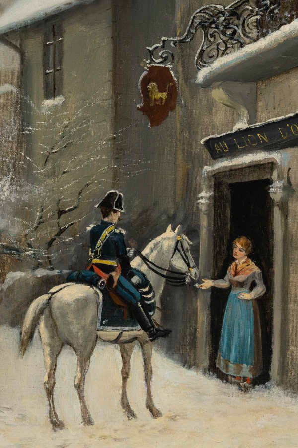 Theodore Levigne (1848-1912) visit of the policeman to the Lion d'Or in the snow oil on canvas late 