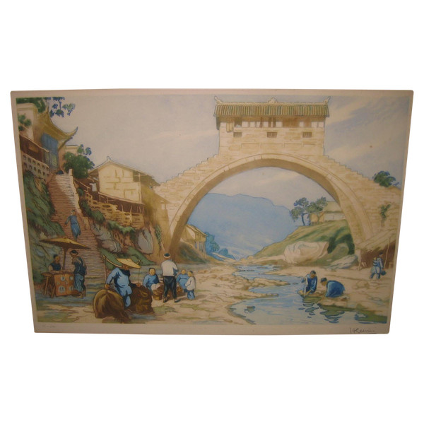 Lithographie Henri Gervèse 1880-1959 vue du célèbre pont 