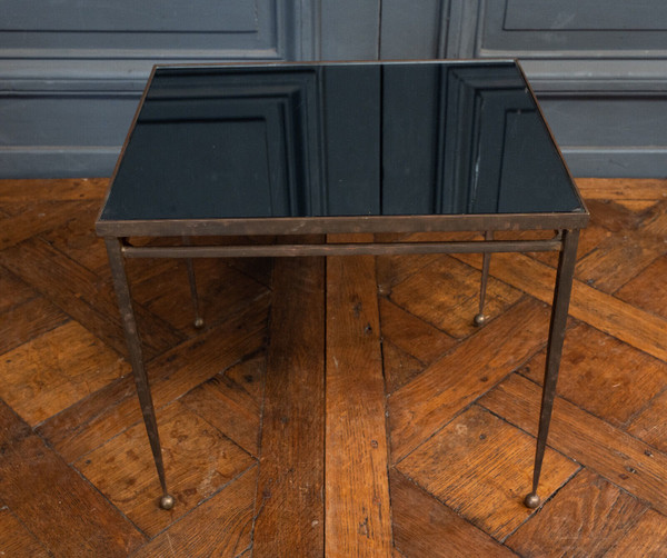 1960s side table, gold metal, smoked glass, ball feet