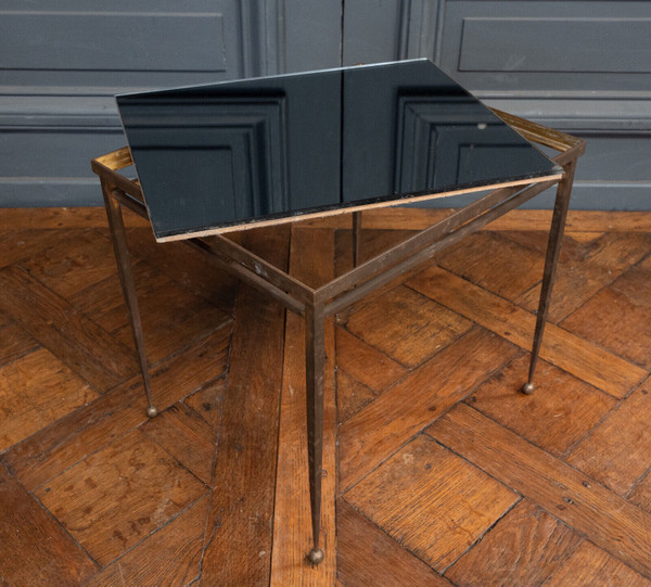 1960s side table, gold metal, smoked glass, ball feet