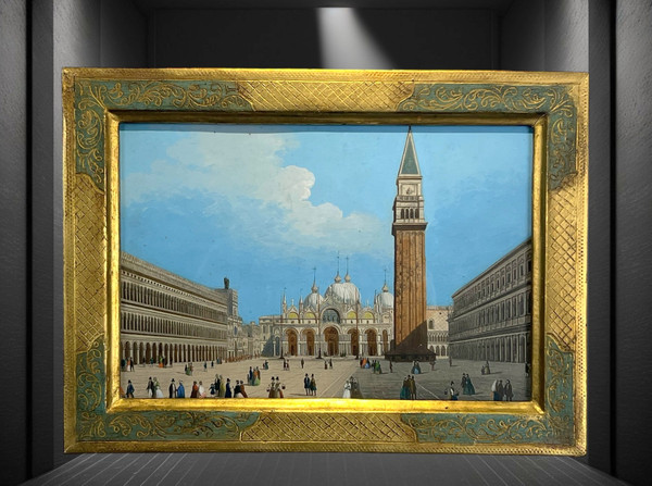 19th CENTURY PAINTING / GOUACHE "SAINT MARK'S SQUARE IN VENICE" IN THE STYLE OF CANALETTO