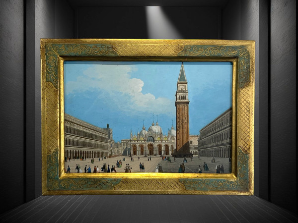 19th CENTURY PAINTING / GOUACHE "SAINT MARK'S SQUARE IN VENICE" IN THE STYLE OF CANALETTO