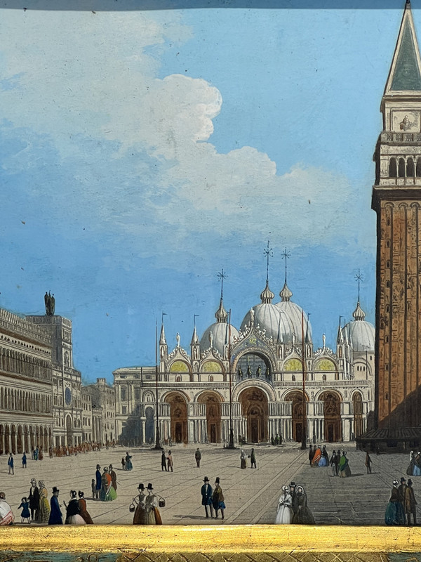 19th CENTURY PAINTING / GOUACHE "SAINT MARK'S SQUARE IN VENICE" IN THE STYLE OF CANALETTO