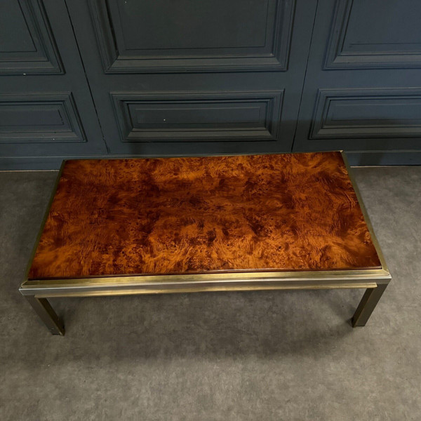 1970 burl coffee table with gold chrome base