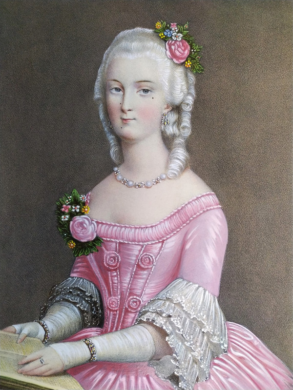 Watercolor Lithograph Portrait Of A Woman In The Marie Antoinette Style 19th Century Old Print