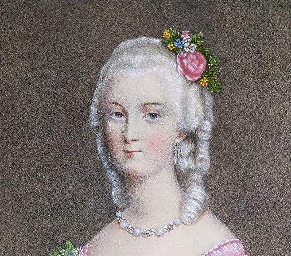 Watercolor Lithograph Portrait Of A Woman In The Marie Antoinette Style 19th Century Old Print