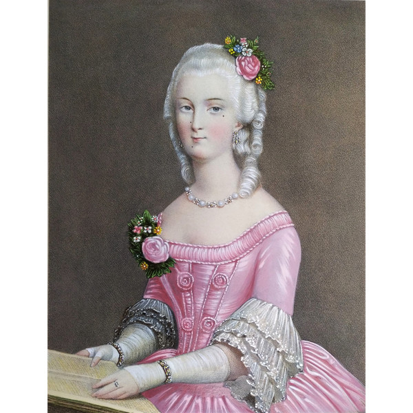 Watercolor Lithograph Portrait Of A Woman In The Marie Antoinette Style 19th Century Old Print