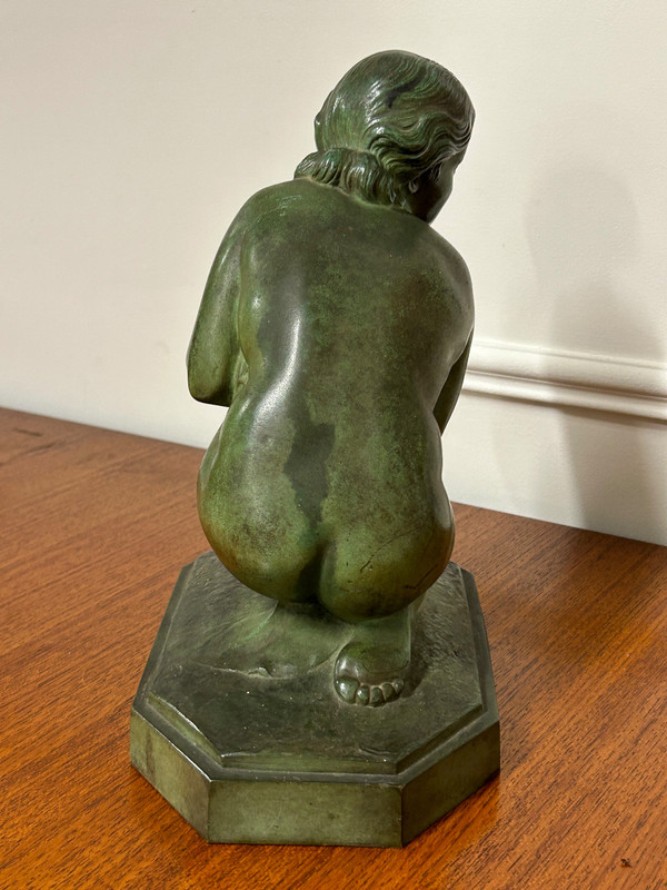 Lucien Charles édouard Alliot (1877-1967) La Frileuse Bronzo con patina verde Periodo Art Déco