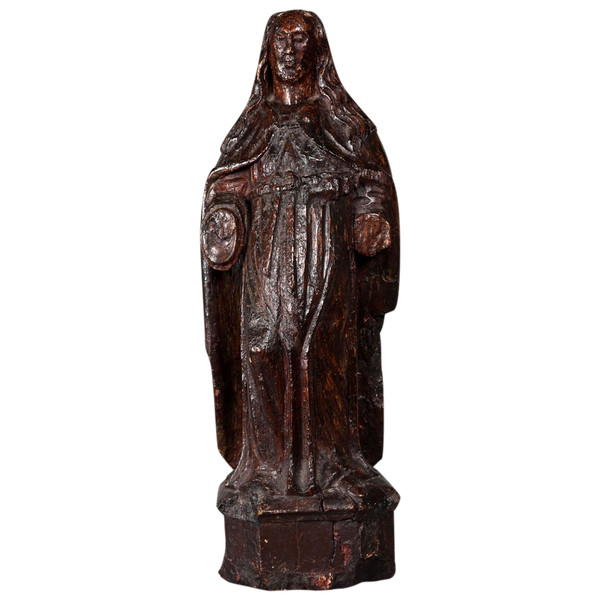 Grande scultura lignea di 72 cm, (quercia) del XVI secolo, Vergine Maria, Santo