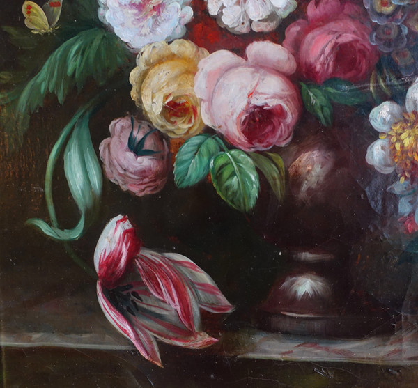 Ecole française du XIXe siècle, grande nature morte aux fleurs, cadre Louis XVI - 61cm x 82cm