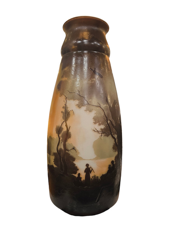 Muller Frères Grande vaso Art Nouveau "Paesaggio lacustre con musicisti