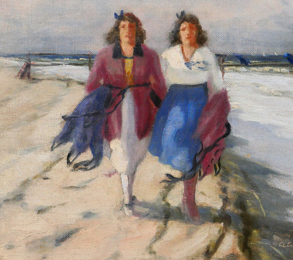 Aage WANG 1879-1959 Deux femmes sur la plage, tableau, vers 1920-30