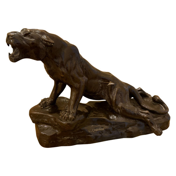 BRONZE THE WOUNDED PANTHER SIGNED L. CARVIN