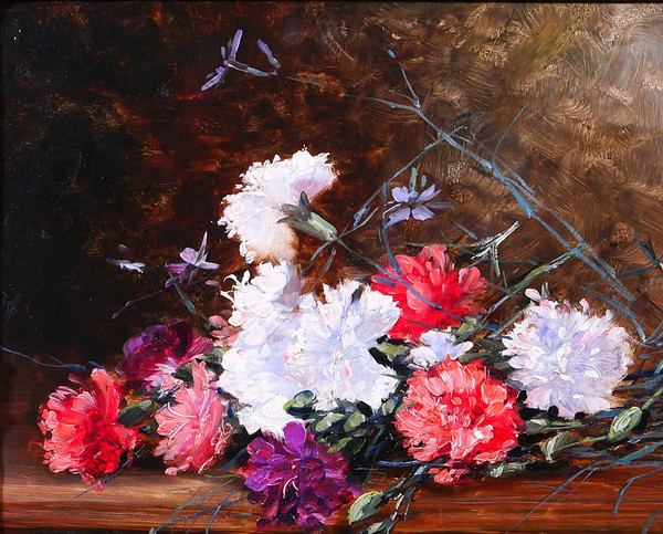 Adrien-Raphaël GOURDON, Nature morte de fleurs, oeillets, tableau, vers 1880-85 impressionnisme