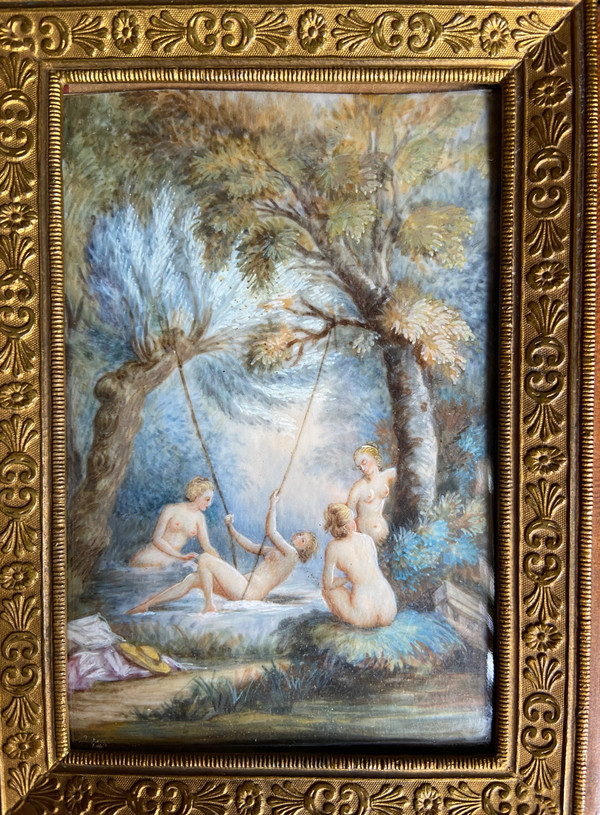 Miniature peinture sur ivoire « Les baigneuses » XIXème.