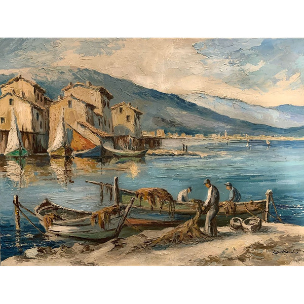 Martigues, signé Jodeph Guenard, vers 1950/60, Paysage Provençale, Méditerranée.