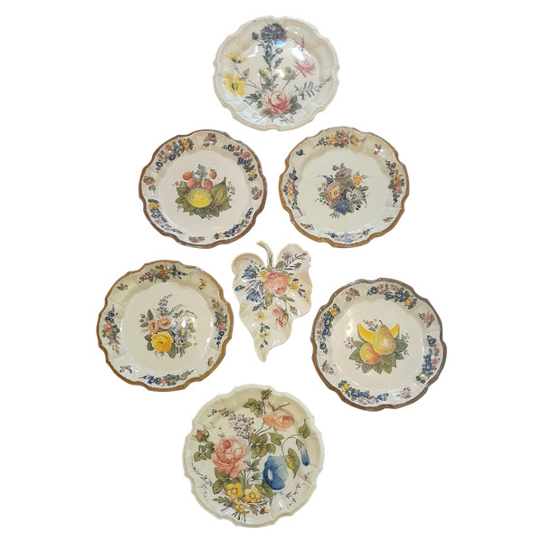 Majolica Nove di Bassano ,6 17th century fruit and flower plates + 1 ravier