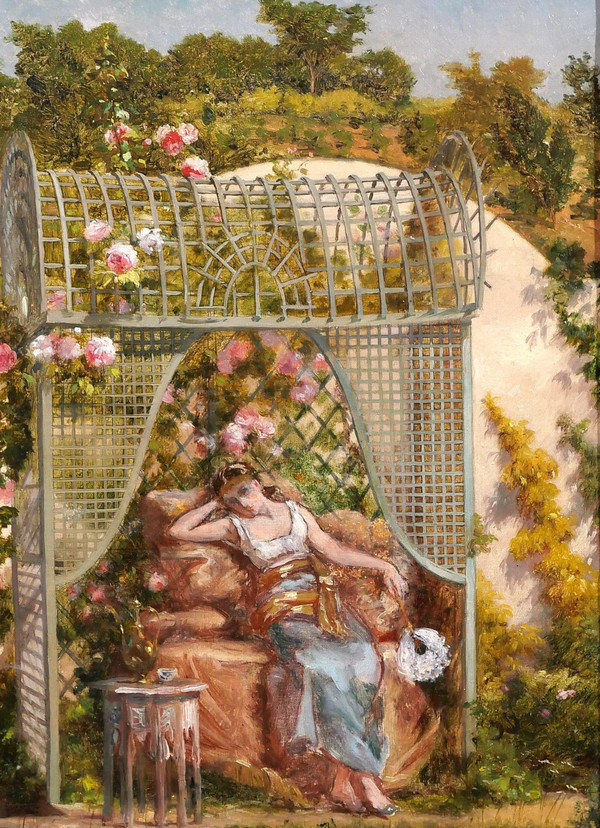 Ennemond COLLIGNON 1822-1890 Donna orientale con rose nel suo giardino, fiori, dipinto, 1887