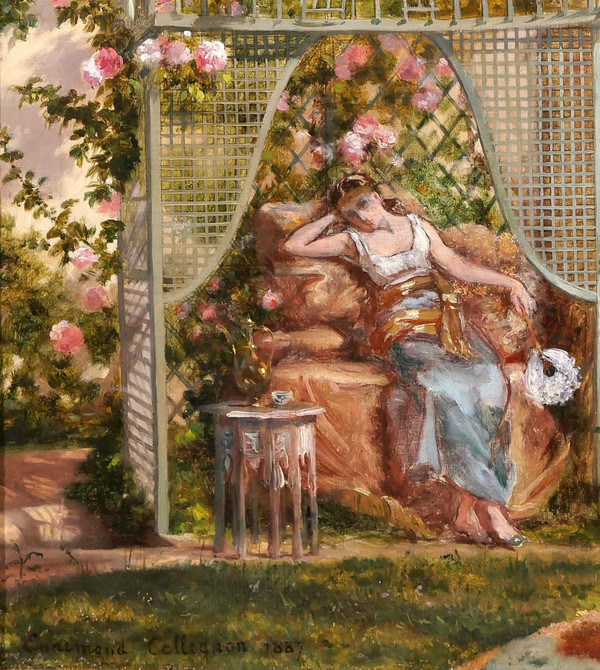 Ennemond COLLIGNON 1822-1890 Donna orientale con rose nel suo giardino, fiori, dipinto, 1887