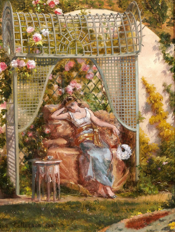 Ennemond COLLIGNON 1822-1890 Donna orientale con rose nel suo giardino, fiori, dipinto, 1887