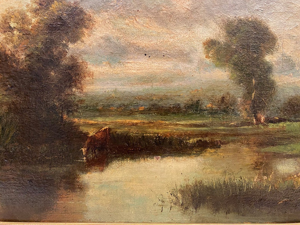 Oil on canvas from the 19th century, "Cows by the river".