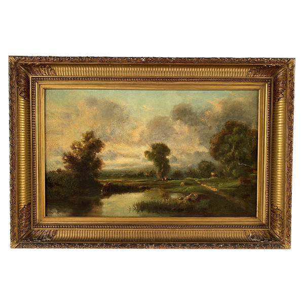 Oil on canvas from the 19th century, "Cows by the river".