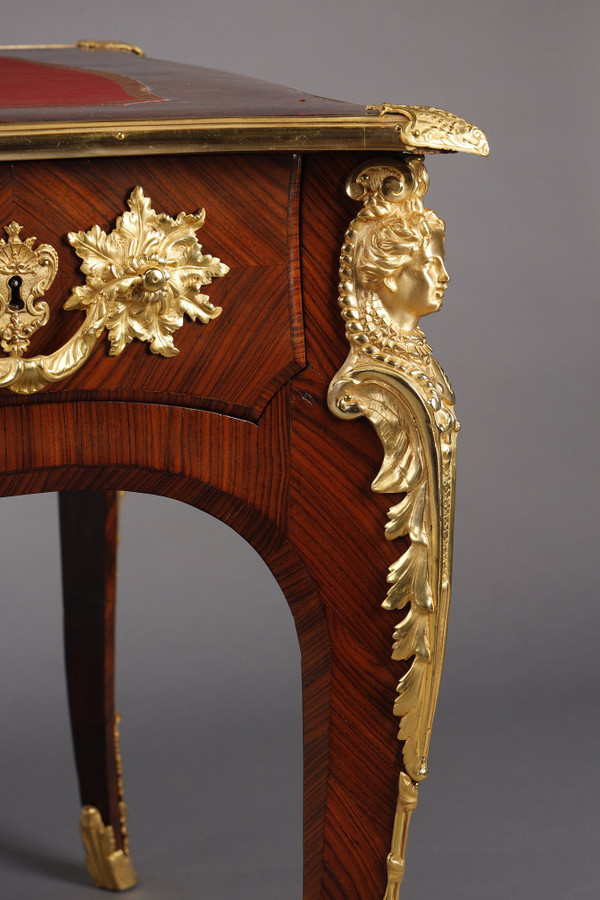 LARGE FLAT DESK IN INLAID ROSEWOOD VENEER IN THE LOUIS XV STYLE