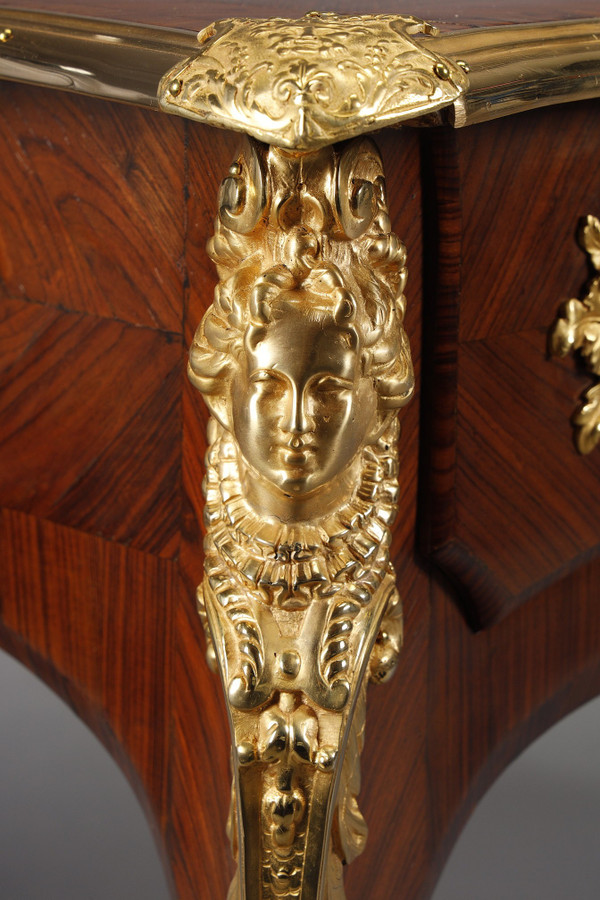 LARGE FLAT DESK IN INLAID ROSEWOOD VENEER IN THE LOUIS XV STYLE