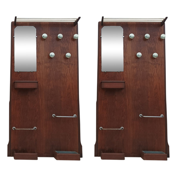 Wall-mounted coat racks, pair of vintage oak checkrooms