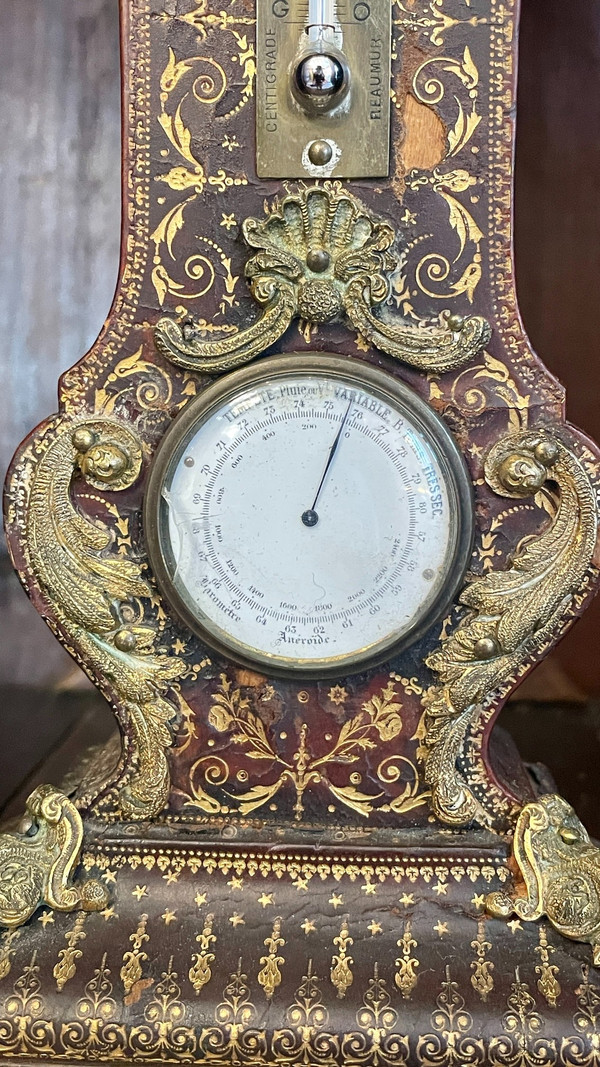 Desk Clock, Thermometer and Barometer, Covered in Embossed and Gilded Leather, 19th Century