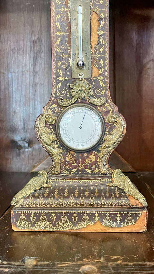 Desk Clock, Thermometer and Barometer, Covered in Embossed and Gilded Leather, 19th Century