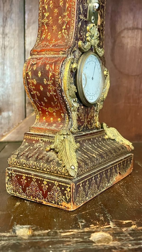 Desk Clock, Thermometer and Barometer, Covered in Embossed and Gilded Leather, 19th Century