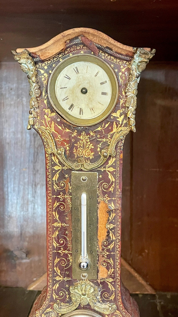 Desk Clock, Thermometer and Barometer, Covered in Embossed and Gilded Leather, 19th Century