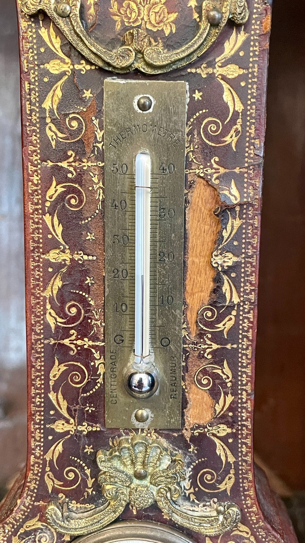 Desk Clock, Thermometer and Barometer, Covered in Embossed and Gilded Leather, 19th Century