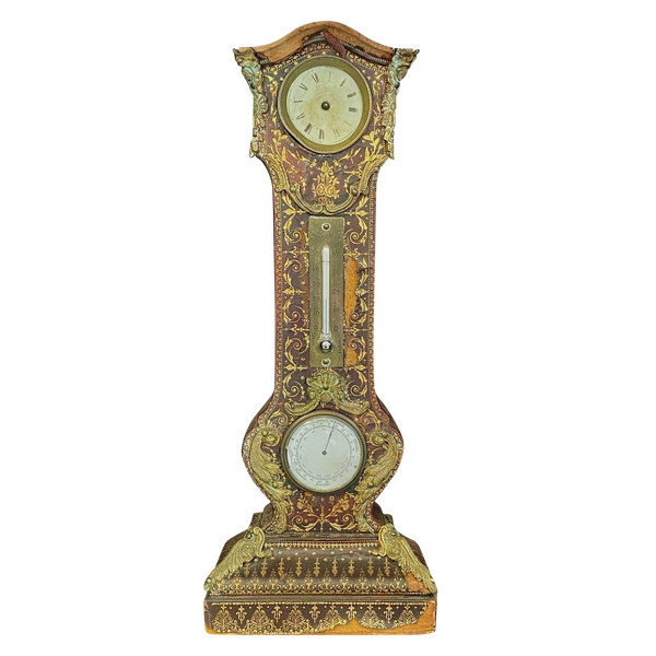 Desk Clock, Thermometer and Barometer, Covered in Embossed and Gilded Leather, 19th Century