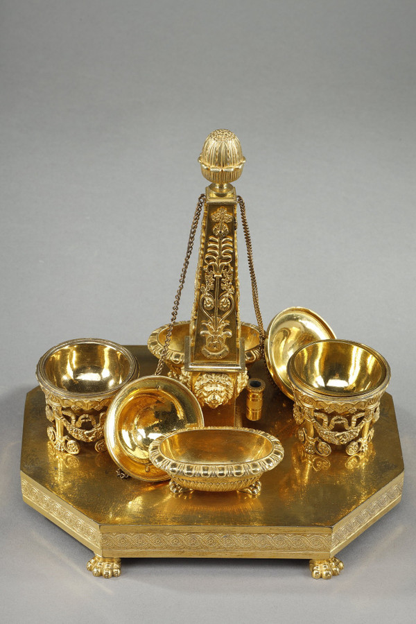 EMPIRE-PERIOD GILT BRONZE OBELISK INKWELL