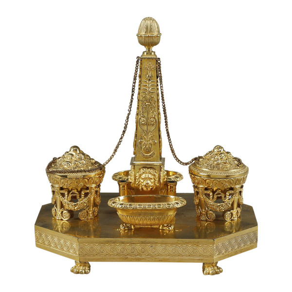 EMPIRE-PERIOD GILT BRONZE OBELISK INKWELL