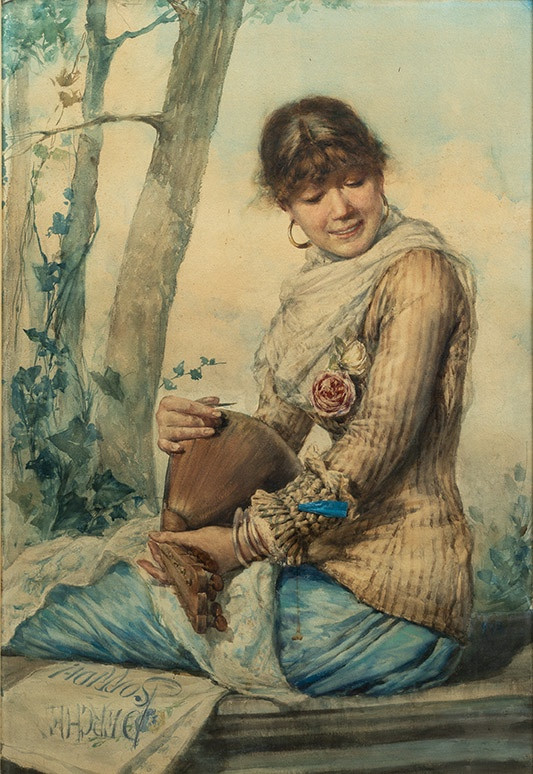 Aquarelle ancienne représentant une femme à la mandoline. Naples 19ème siècle.