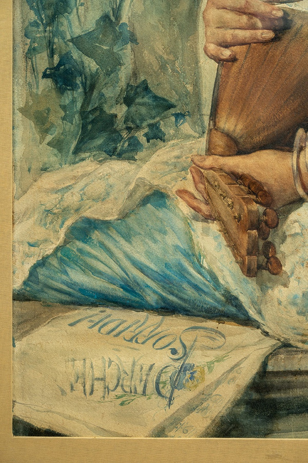 Aquarelle ancienne représentant une femme à la mandoline. Naples 19ème siècle.