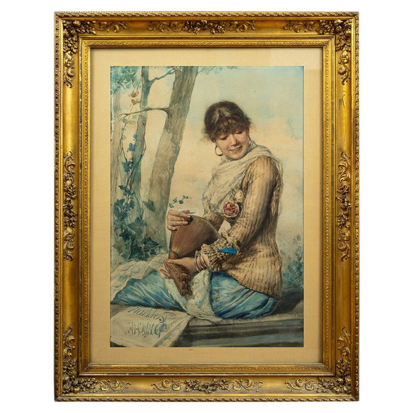 Aquarelle ancienne représentant une femme à la mandoline. Naples 19ème siècle.