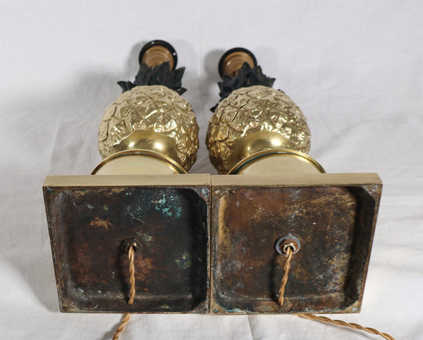 Pair of gilded bronze pineapple lamps from the '70s